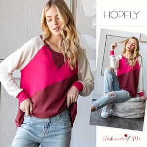 HOPELY Long Sleeves Bold Asymmetrical Color Block Crew Neck Top | Pink/Burgundy